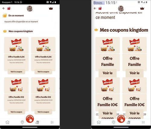 Page des coupons Burger King à gauche en police 100% et à droite en police 200%