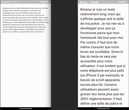 À droite, un écran contenant un texte en police 100%. À gauche, un texte en police 200% qui dépasse de l'écran