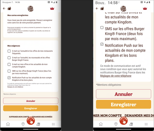 Page de profile Burger King à gauche en police 100% et à droite en police 200%