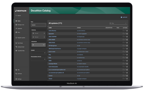 Une vue de l'interface de Cerebro, il propose une liste des systèmes comme page d'accueil et une liste d'onglets: "strategic view", "quadrant", "docs", "register system", tech radar", "catalog graph" et "capability map".