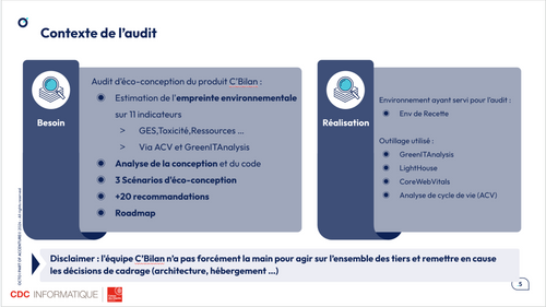 Extrait de la présentation expliquant le contexte de l'audit (besoin et réalisation)
