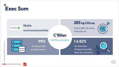 Extrait de la présentation, montrant la synthèse de l'audit de l'outil C'Bilan (Exec Sum).