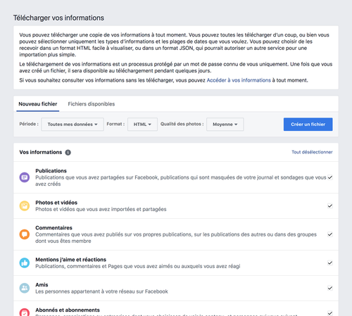 Page d'export de données - Facebook