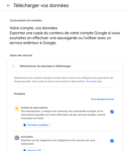 Page d’export de données - Google