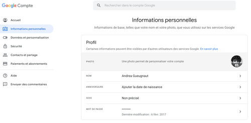 Page de visualisation des données personnelles - Google