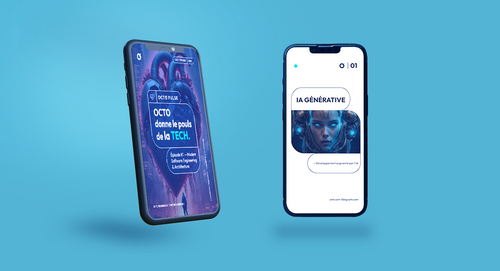 Smartphone présentant OCTO Pulse : "OCTO donne le pouls de la TECH". Le premier chapitre porte sur l'IA générative