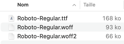 Comparaison de taille des fonts:
.ttf pèse 168 kilo octet, .woff pèse 93 kilo octet, .woff2 pèse 66 kilo octet