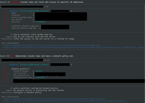 Exemple de résultats de l’outil tfsec sur un cluster AKS mal configuré