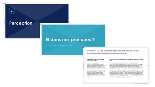 Capture d'écran de 3 slides de formation : la première est bleu foncé avec un titre, la deuxième est bleu turquoise avec un titre et la dernière est blanche avec un titre et du texte