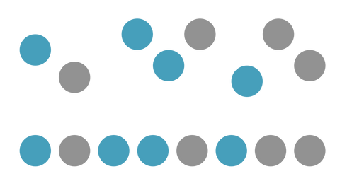 En bas, ligne droite de 8 points bleu et gris. En haut 8 autres points gris et bleu mais cette fois, disposés plutôt selon le parcours d'une courbe