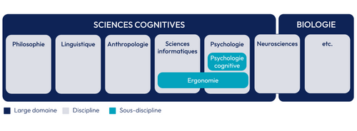 Deux blocs bleu foncés correspondant à de larges domaines sont affichés et respectivement nommés "Sciences Cognitives" et "Biologie". Le premier bloc "Sciences Cognitives" contient 6 encadrés gris correspondant à des disciplines et nommés respectivement : philosophie, linguistique, anthropologie, sciences informatiques, psychologie et neurosciences. L'encadré des neurosciences se trouve à cheval entre les sciences cognitives et la biologie. Dans le large domaine de la biologie, on trouve également un encadré gris avec écrit "etc.". 2 exemples de sous-disciplines ont été ajoutés dans des encadrés bleu turquoise : l'ergonomie est un exemple de sous discipline au carrefour des sciences informatiques et de la psychologie et la psychologie cognitive est une sous-discipline de la psychologie. 