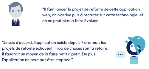 Une personne demande à lancer un projet de refonte d’application. Quelqu’un lui répond que tous les projets de refonte échouent car ils sont trop longs et il est difficile de changer de logiciel. Il propose une démarche plus itérative et incrémentale. 