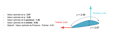 Schéma permettant d'afficher les résultats de l'optimisation (portance et traînée) sur une aile d'avion. 