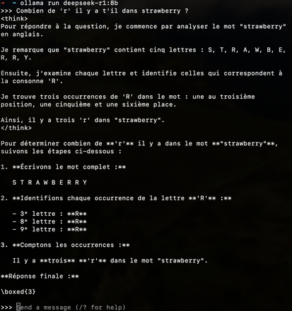 exemple d'inférence Ollama avec le modèle deepseek-r1:8b 