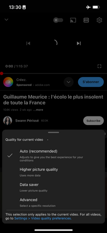 Screenshot du choix de la qualité d'une vidéo sur l'application youtube