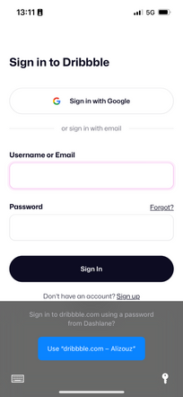 Screenshot d'un quick sign in sur le site web dribbble