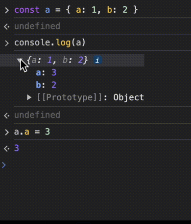 Capture d'écran démontrant qu'en dépliant un objet on a sa valeur actuelle et non pas la valeur qu'il avait lors du console.log