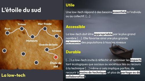 Utile Une low-tech répond à des besoins essentiels à l’individu ou au collectif. [...]  Accessible La low-tech doit être appropriable par le plus grand nombre.[...]. Elle favorise ainsi une plus grande autonomie des populations à tous les niveaux  Durable [...] La low-tech invite à réfléchir et optimiser les impacts tant écologiques que sociaux ou sociétaux liés au recours à la technique [...] même si cela implique parfois, de recourir à moins de technique, et plus de partage ou de collaboration !