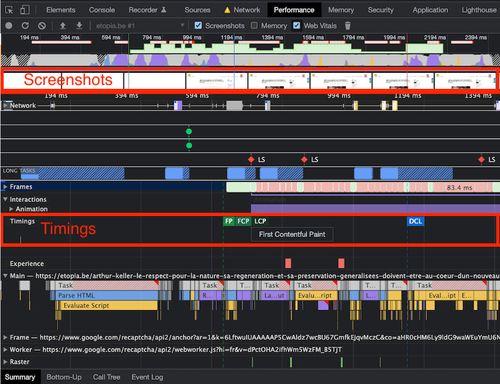 Copie d’écran de tes Photo copie d’écran de DevTools Chromium avec l’onglet performance d’activer les options screenshot et Web Vitals activées.