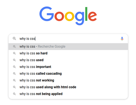 Capture d'écran d'une recherche Google sur les termes why is css avec comme résultats notamment "why is css so hard", "why is not working", "why is css not being applied"