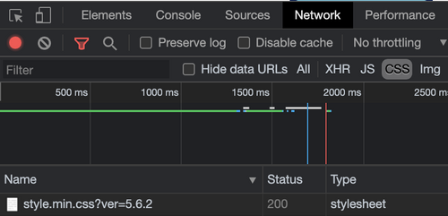 Capture d'écran de l'onglet réseau du navigateur chrome illustrant le chargement du fichier de style style.min.css